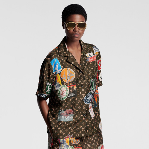 NIGO Louis Vuitton Women's Summer Monogram Printed Lapel Silk Single Breasted Short Sleeve Shirt #nigo99775