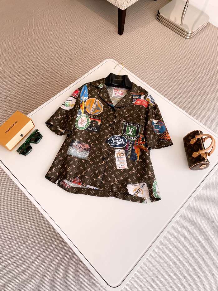 NIGO Louis Vuitton Women's Summer Monogram Printed Lapel Silk Single Breasted Short Sleeve Shirt #nigo99775