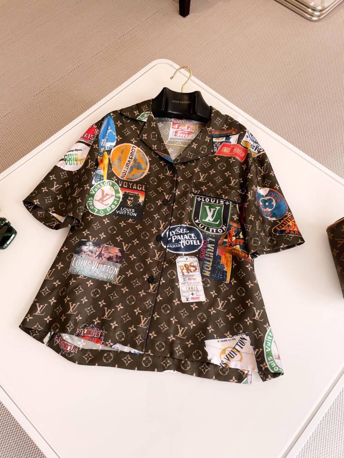 NIGO Louis Vuitton Women's Summer Monogram Printed Lapel Silk Single Breasted Short Sleeve Shirt #nigo99775