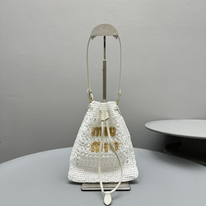 NIGO MiuMiu Women‘s Solid Color Embroidered Letter Logo Drawstring Closure Raffia Patch Leather Tote Shoulder Bag Bags #nigo99777