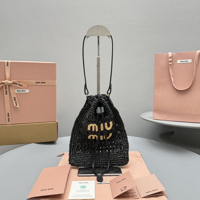 NIGO MiuMiu Women‘s Solid Color Embroidered Letter Logo Drawstring Closure Raffia Patch Leather Tote Shoulder Bag Bags #nigo99777