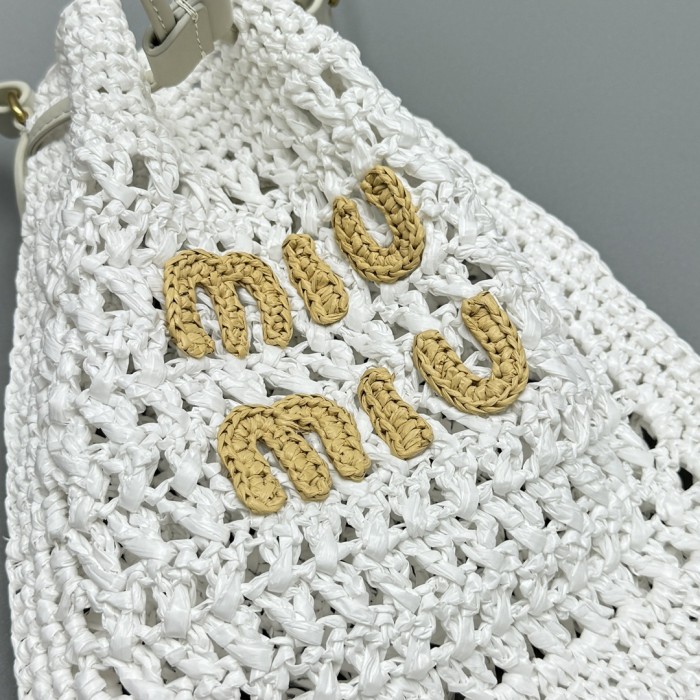 NIGO MiuMiu Women‘s Solid Color Embroidered Letter Logo Drawstring Closure Raffia Patch Leather Tote Shoulder Bag Bags #nigo99777