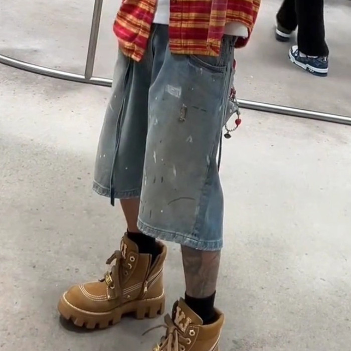 NIGO Acne Studios Men's And Women's Spring/summer Cotton Washed Splashed Ink Denim Shorts With Zipper Loose Wide Leg Jeans Pants Ngvp #nigo8523