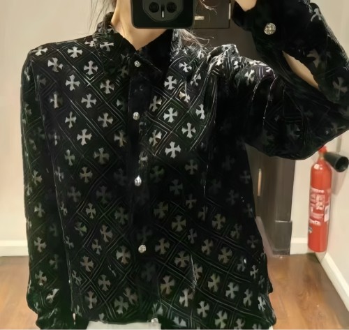 NIGO Chrome Hearts Women's Summer Fashion Hollow Cross Black Velvet Single Breasted Long Sleeved Shirt #nigo99825