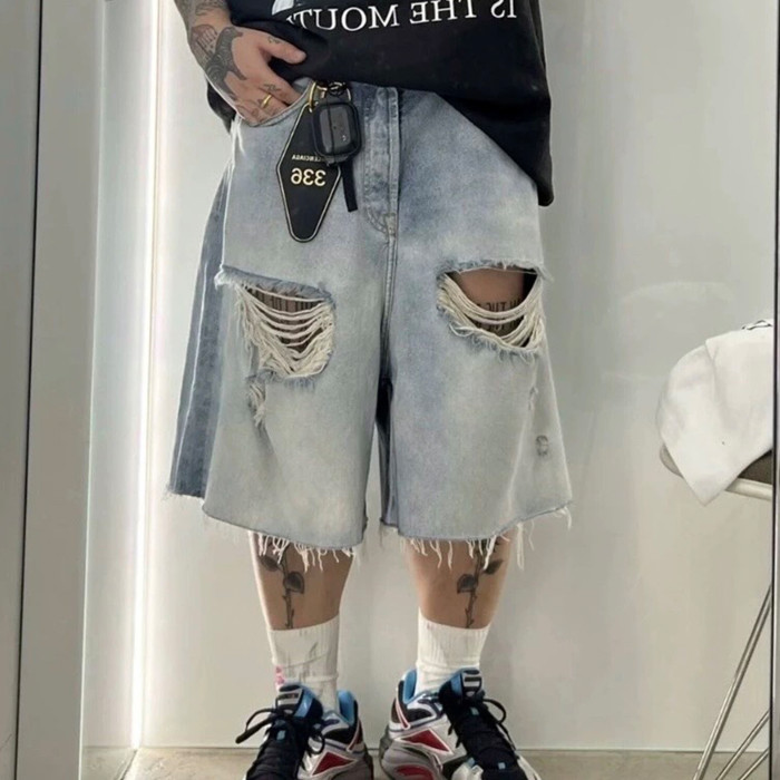 NIGO Vetements Men's And Women's Spring/summer Cotton Washed Distressed Denim Shorts With Zipper Loose Wide Leg Jeans Pants Ngvp #nigo8521
