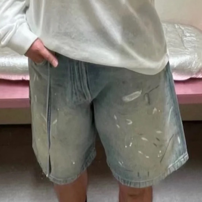 NIGO Acne Studios Men's And Women's Spring/summer Cotton Washed Splashed Ink Denim Shorts With Zipper Loose Wide Leg Jeans Pants Ngvp #nigo8523