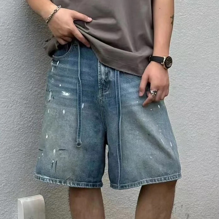 NIGO Acne Studios Men's And Women's Spring/summer Cotton Washed Splashed Ink Denim Shorts With Zipper Loose Wide Leg Jeans Pants Ngvp #nigo8523