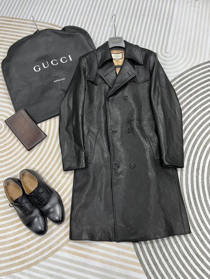 NIGO Gucci Men's Fall And Winter Black Double Breasted Lace Up Drawstring Lambskin Long Coat Jacket #nigo99879