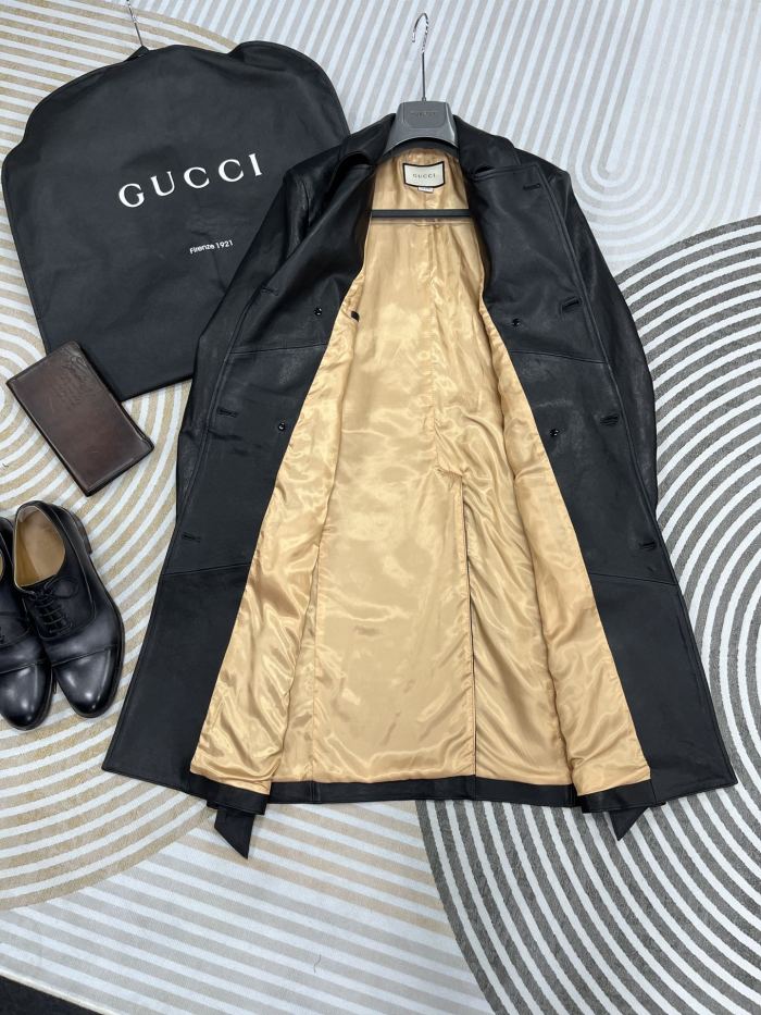 NIGO Gucci Men's Fall And Winter Black Double Breasted Lace Up Drawstring Lambskin Long Coat Jacket #nigo99879