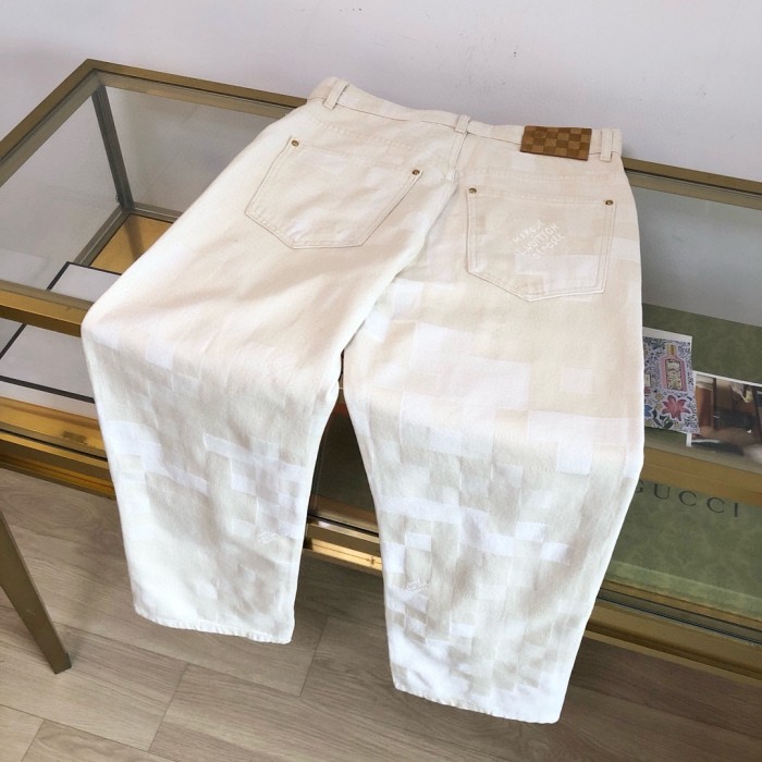 NIGO Louis Vuitton Men's Spring Summer Beige Plaid Jacquard Mid-Rise Straight Leg Jeans Pants #nigo99881