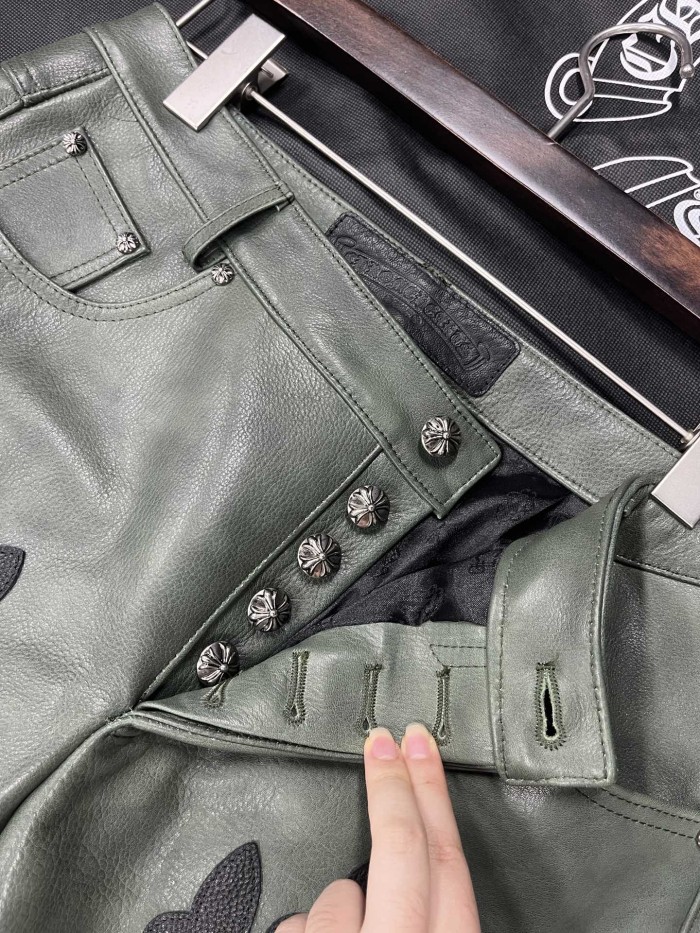 NIGO Chrome Hearts Men's Fall/Winter Dark Green Calfskin Leather Patch Embroidered Pants #nigo99894