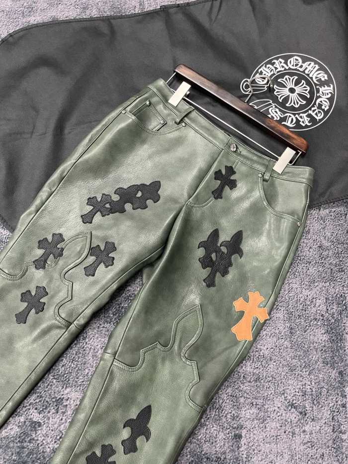 NIGO Chrome Hearts Men's Fall/Winter Dark Green Calfskin Leather Patch Embroidered Pants #nigo99894