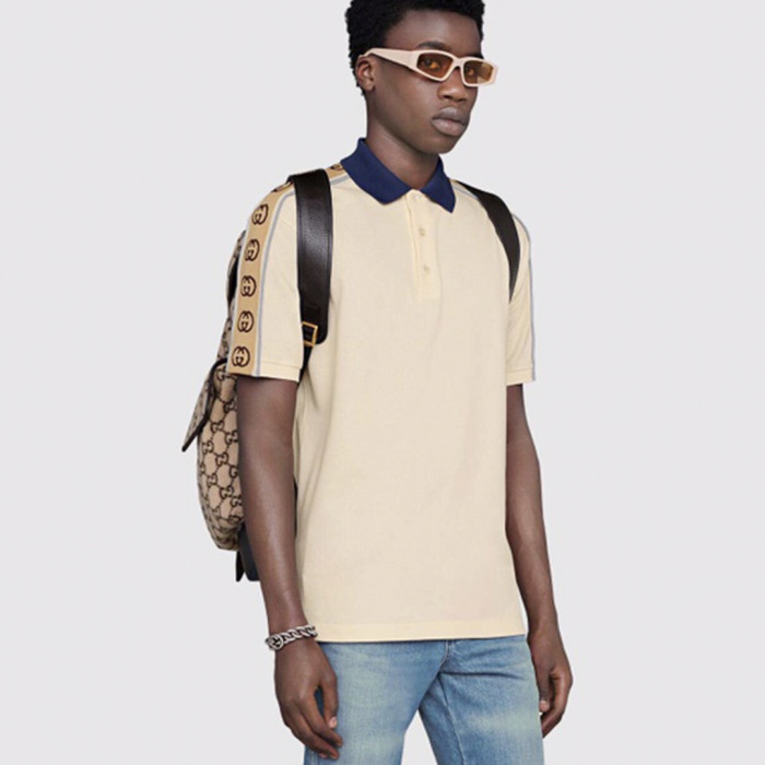 NIGO Gucci Men's Summer Double G Logo Striped Polo Shirt Color Block Button Cotton Casual Fit T-shirt #nigo71282