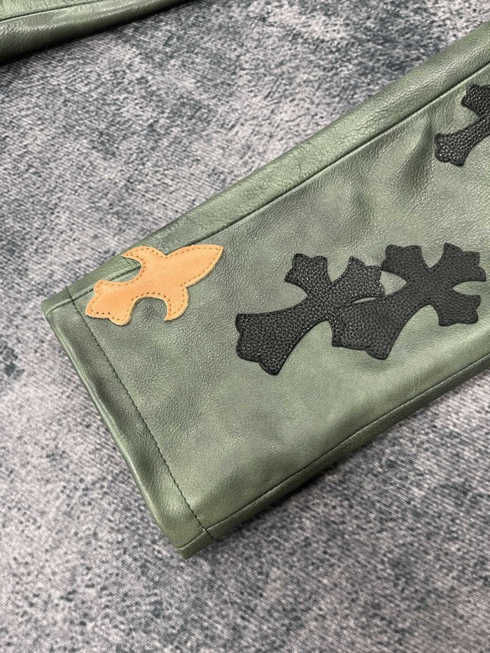 NIGO Chrome Hearts Men's Fall/Winter Dark Green Calfskin Leather Patch Embroidered Pants #nigo99894