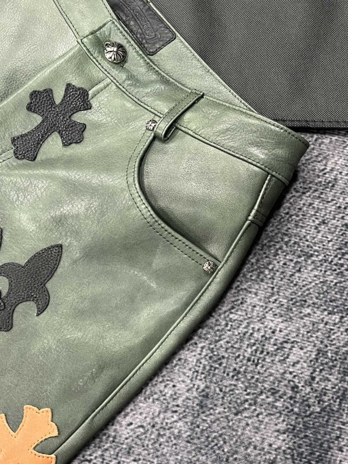NIGO Chrome Hearts Men's Fall/Winter Dark Green Calfskin Leather Patch Embroidered Pants #nigo99894