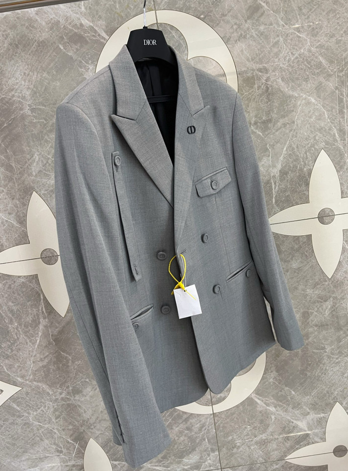 Men's Spring and Autumn Gray Double Breasted Long Sleeve Suit Jacket Blazer Embroidered Logo Suit Pants Set #nigo99926