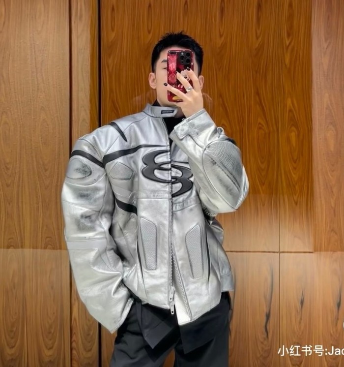 NIGO Balenciaga Men's Women's Autumn And Winter Cowhide Old Splicing Unity Sports Idol Silver Zipper Standing Collar Long Sleeve Loose Racer Jacket Ngvp #nigo8579
