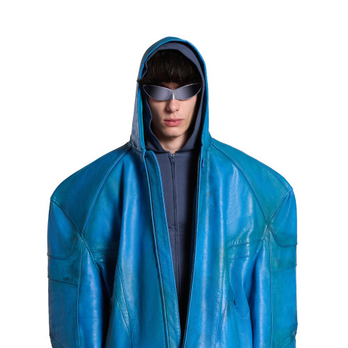 NIGO Balenciaga Men's Spring And Fall Fashion Zipper Blue Cowhide Hooded Long Sleeve Loose Biker Jacket Ngvp #nigo8581