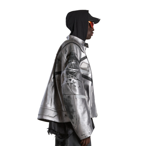NIGO Balenciaga Men's Women's Autumn And Winter Cowhide Old Splicing Unity Sports Idol Silver Zipper Standing Collar Long Sleeve Loose Racer Jacket Ngvp #nigo8579