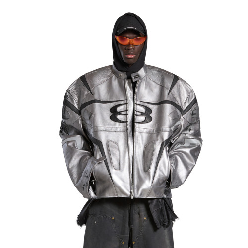 NIGO Balenciaga Men's Women's Autumn And Winter Cowhide Old Splicing Unity Sports Idol Silver Zipper Standing Collar Long Sleeve Loose Racer Jacket Ngvp #nigo8579