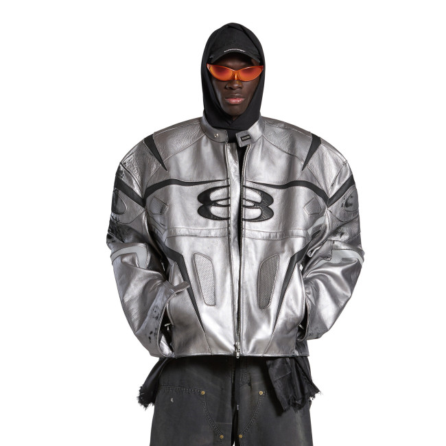 NIGO Balenciaga Men's Women's Autumn And Winter Cowhide Old Splicing Unity Sports Idol Silver Zipper Standing Collar Long Sleeve Loose Racer Jacket Ngvp #nigo8579