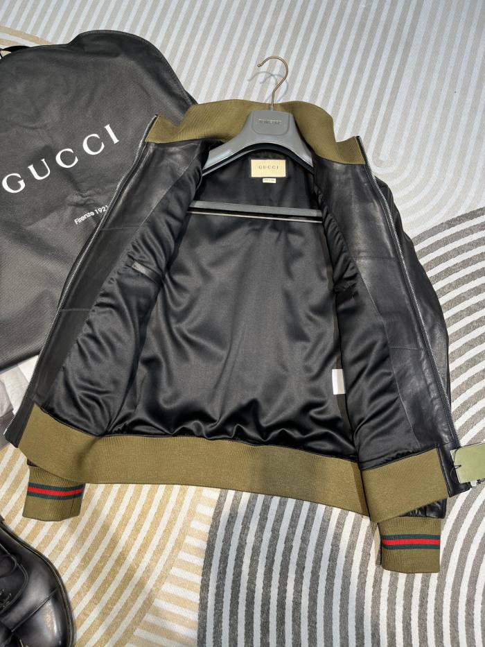NIGO Gucci Men's Spring And Autumn Striped Standing Collar Solid Color Long Sleeve Leather Jacket Coat #nigo99961