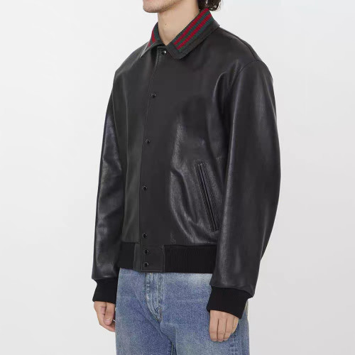 NIGO Gucci Men's Fall/Winter Striped Lapel Single Breasted Fitted Long Sleeve Black Leather Jacket Coat #nigo99964