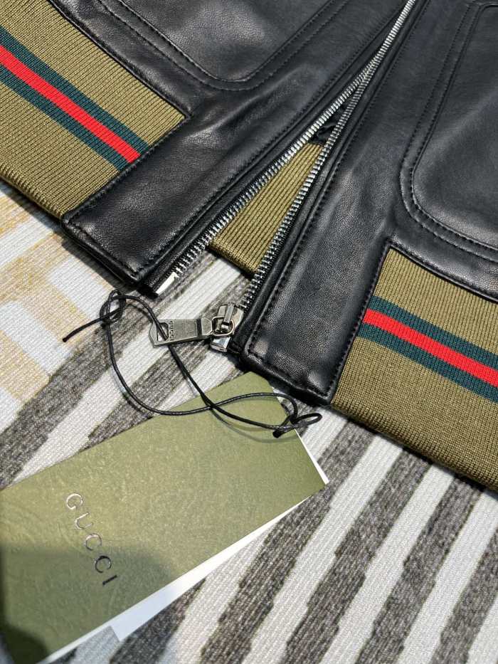 NIGO Gucci Men's Spring And Autumn Striped Standing Collar Solid Color Long Sleeve Leather Jacket Coat #nigo99961