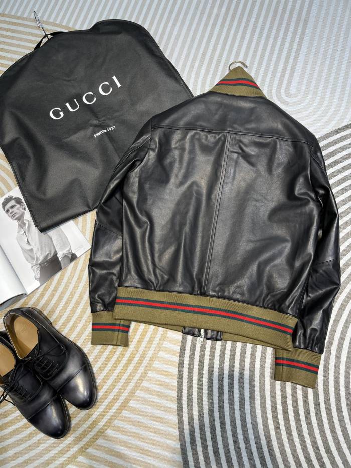 NIGO Gucci Men's Spring And Autumn Striped Standing Collar Solid Color Long Sleeve Leather Jacket Coat #nigo99961