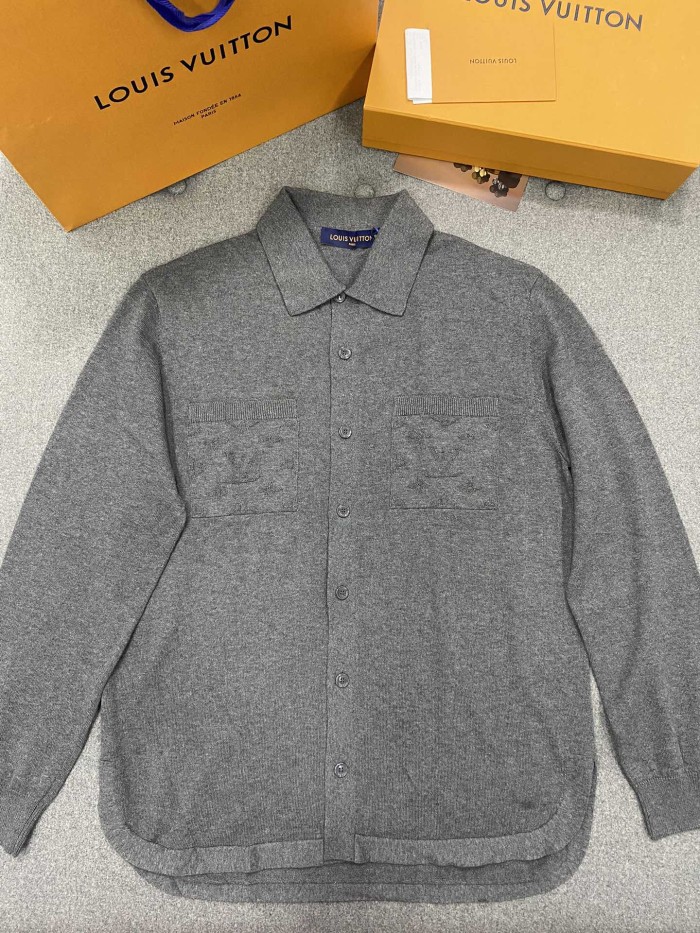 NIGO Louis Vuitton Men's Spring/Autumn Gray Logo Appliquéd Single Breasted Long Sleeve Knit Shirt #nigo72115