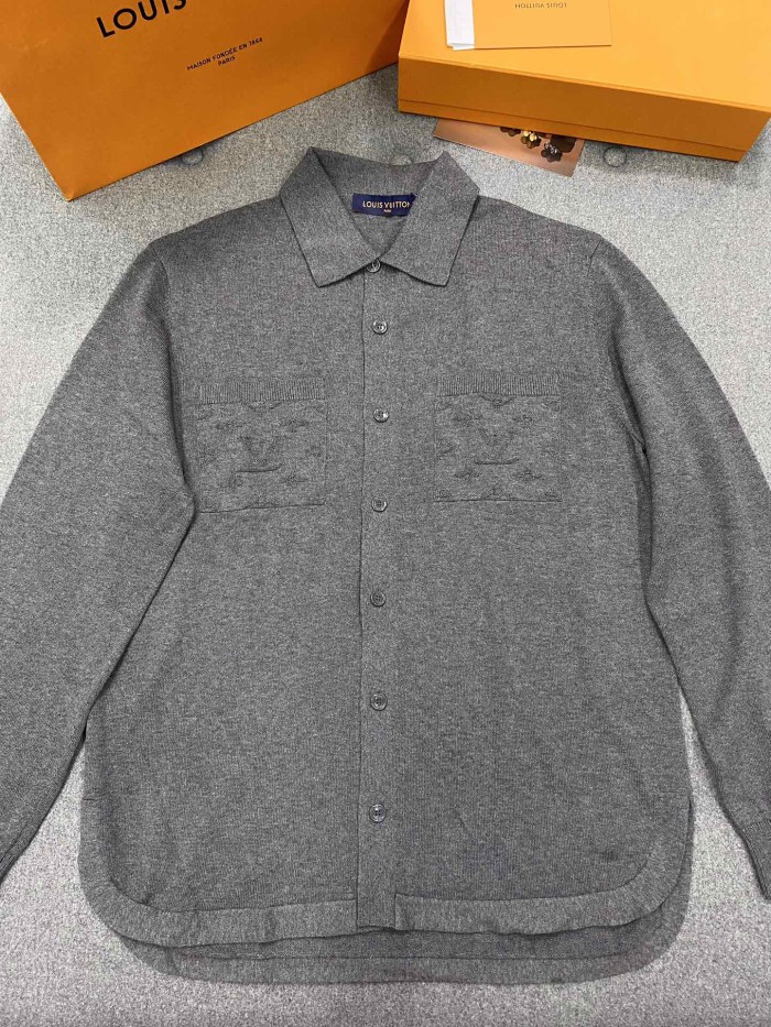NIGO Louis Vuitton Men's Spring/Autumn Gray Logo Appliquéd Single Breasted Long Sleeve Knit Shirt #nigo72115