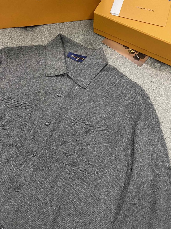 NIGO Louis Vuitton Men's Spring/Autumn Gray Logo Appliquéd Single Breasted Long Sleeve Knit Shirt #nigo72115