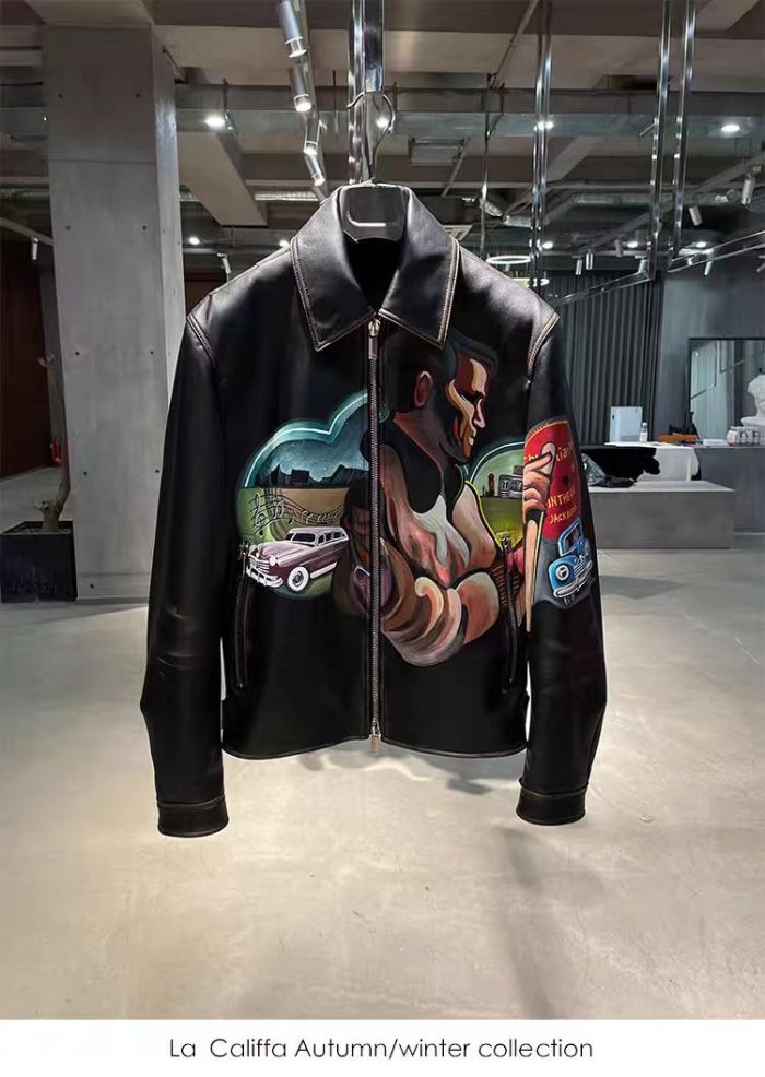 NIGO Dior Men's Fall/Winter Character Print Brown Zipper Lapel Leather Jacket #nigo72144