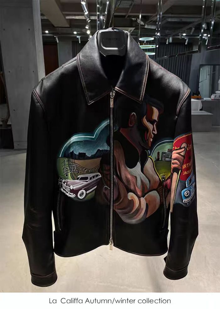 NIGO Dior Men's Fall/Winter Character Print Brown Zipper Lapel Leather Jacket #nigo72144