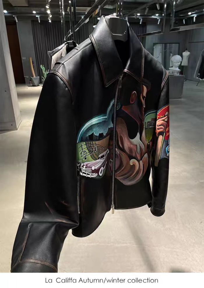 NIGO Dior Men's Fall/Winter Character Print Brown Zipper Lapel Leather Jacket #nigo72144