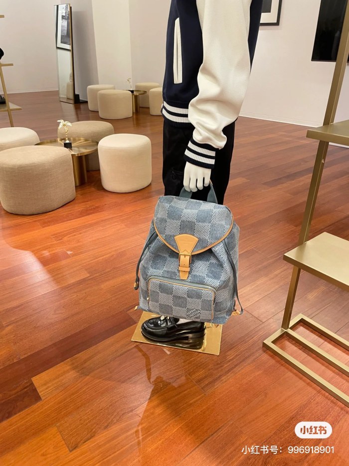 NIGO Louis Vuitton Men's Blue Tessellated Printed Canvas Quilted Leather Backpack Shoulder Bag Bags #nigo72171