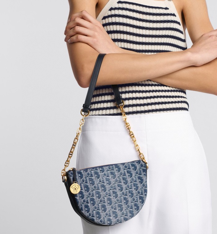 NIGO Dior Diorstar Callisto Women's Blue CD Chain Zipper Closure Oblique Jacquard Fabric Crossbody Shoulder Bag Bags #nigo72157
