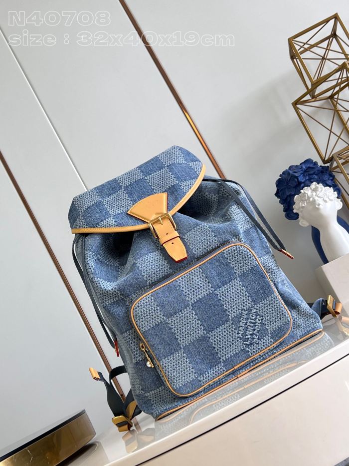 NIGO Louis Vuitton Men's Blue Tessellated Printed Canvas Quilted Leather Backpack Shoulder Bag Bags #nigo72171