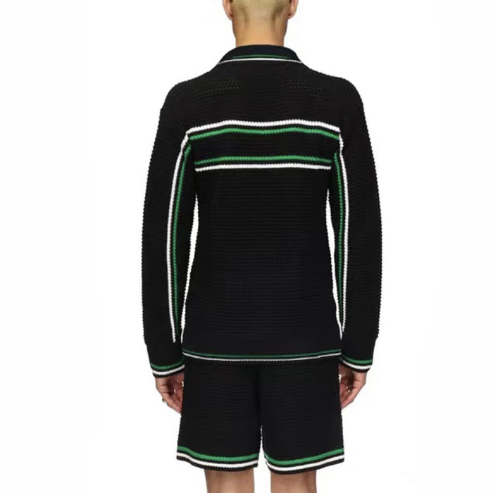 NIGO Casablanca Men's Spring And Summer Knitting Stripes Color Blocking Long-sleeved Knitted Sweater Single-breasted Cardigan Casual Knitted Shorts Set  #nigo71324