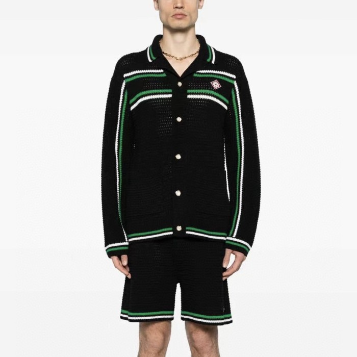 NIGO Casablanca Men's Spring And Summer Knitting Stripes Color Blocking Long-sleeved Knitted Sweater Single-breasted Cardigan Casual Knitted Shorts Set  #nigo71324