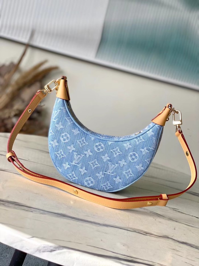 NIGO Loop Louis Vuitton Women's Blue Denim Aged Cowboy With Leather Crescent Tote Shoulder Bag Bags #nigo72165