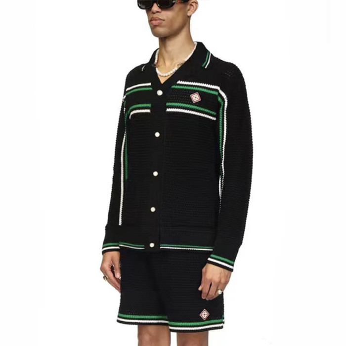 NIGO Casablanca Men's Spring And Summer Knitting Stripes Color Blocking Long-sleeved Knitted Sweater Single-breasted Cardigan Casual Knitted Shorts Set  #nigo71324