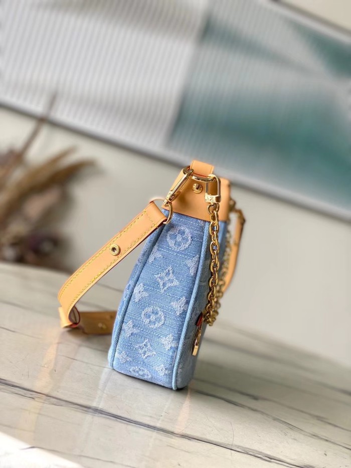 NIGO Loop Louis Vuitton Women's Blue Denim Aged Cowboy With Leather Crescent Tote Shoulder Bag Bags #nigo72165