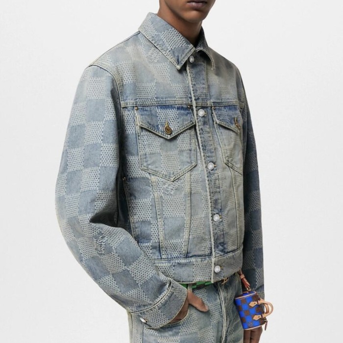 NIGO Louis Vuitton Men's Spring And Autumn Plaid Colorblocking Denim Lapel Jacket Vintage Gradient Pants Denim Suit  #nigo72191