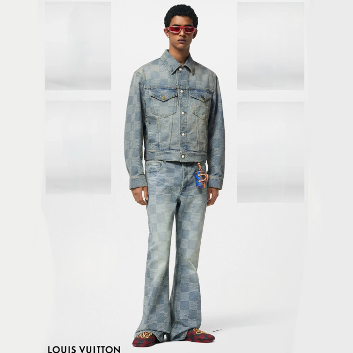 NIGO Louis Vuitton Men's Spring And Autumn Plaid Colorblocking Denim Lapel Jacket Vintage Gradient Pants Denim Suit  #nigo72191