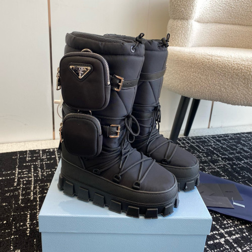 NIGO Prada Women's Winter Logo Nylon Down Snow Boots Thickened Warm Thick Bottom Lacing Boots Shoes  #nigo71336