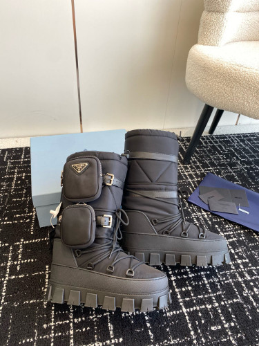 NIGO Prada Women's Winter Logo Nylon Down Snow Boots Thickened Warm Thick Bottom Lacing Boots Shoes  #nigo71336
