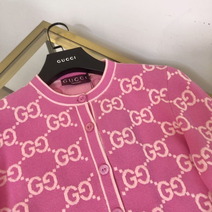 NIGO Gucci Women's Spring and Autumn Pink Logo Pattern Round Collar Single Breasted Long Sleeve Knit Jacket Cardigan #nigo72334