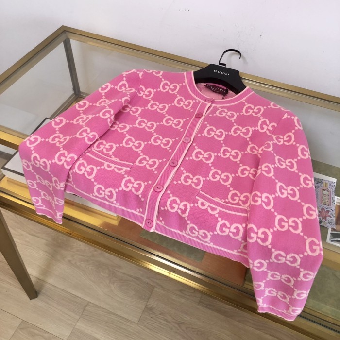 NIGO Gucci Women's Spring and Autumn Pink Logo Pattern Round Collar Single Breasted Long Sleeve Knit Jacket Cardigan #nigo72334