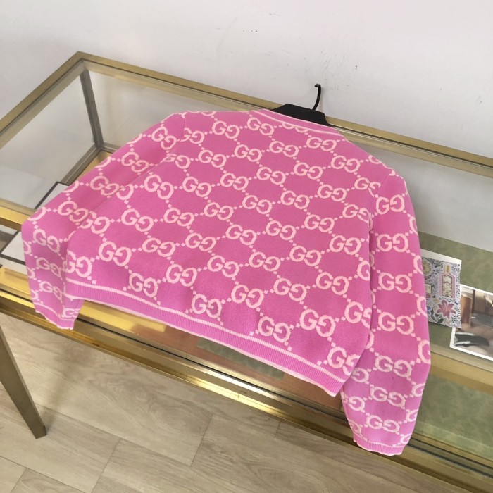 NIGO Gucci Women's Spring and Autumn Pink Logo Pattern Round Collar Single Breasted Long Sleeve Knit Jacket Cardigan #nigo72334